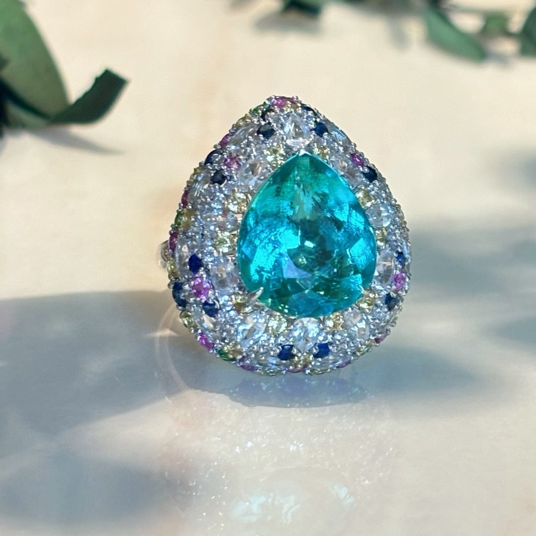14k Gold 8.9 Ct Natural Paraiba Tourmaline & Diamond & Sapphire & Tsavorite Ring - 2