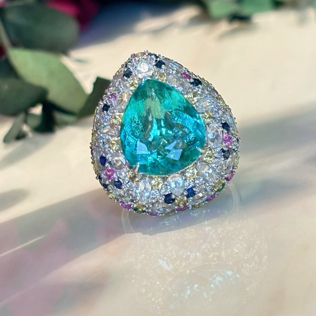 14k Gold 8.9 Ct Natural Paraiba Tourmaline & Diamond & Sapphire & Tsavorite Ring - 3