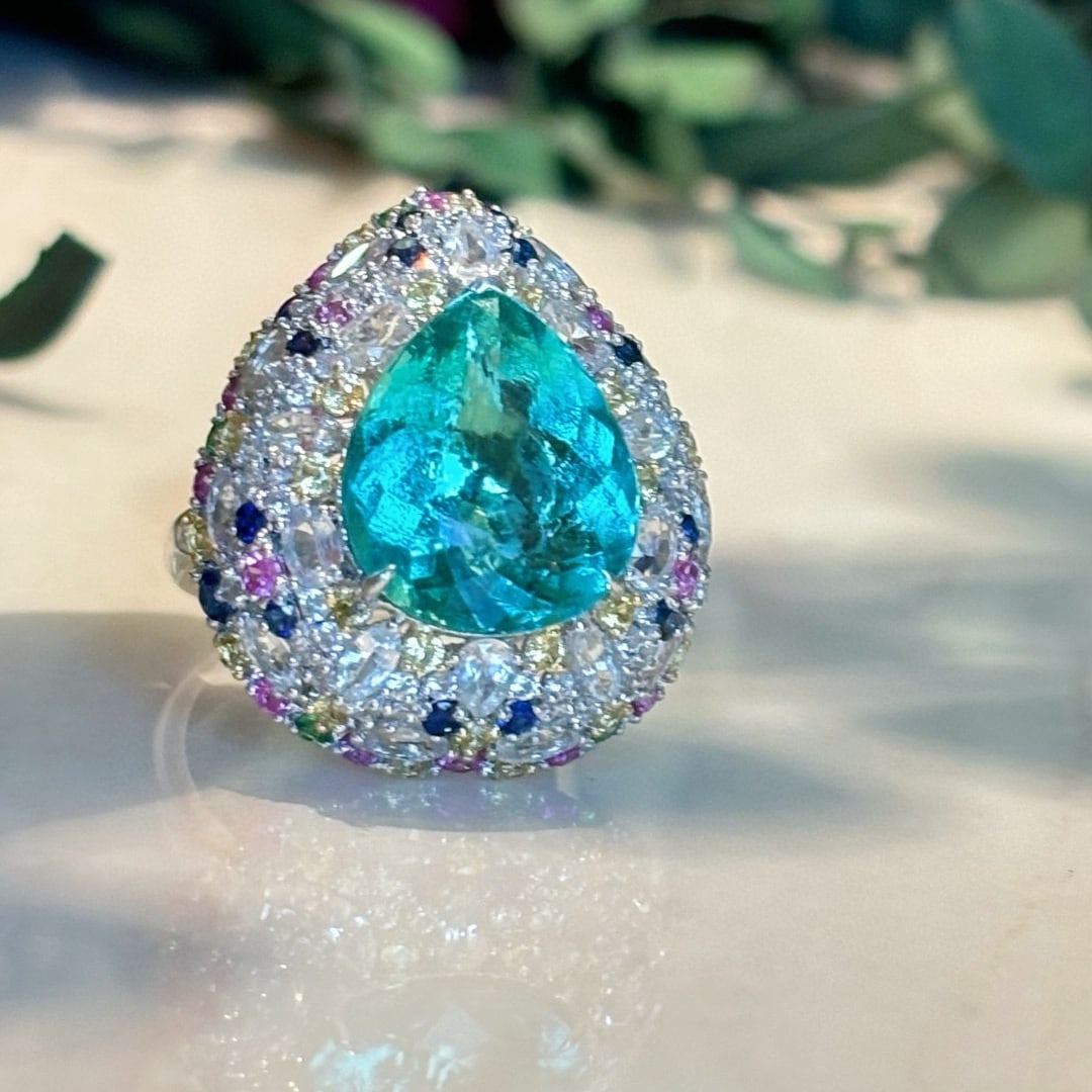 14k Gold 8.9 Ct Natural Paraiba Tourmaline & Diamond & Sapphire & Tsavorite Ring - 4