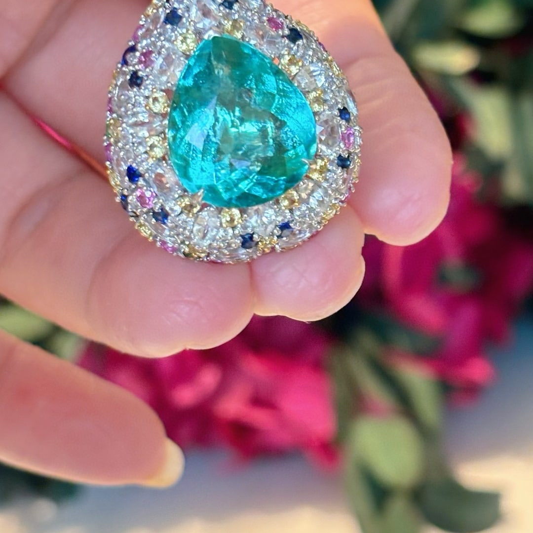 14k Gold 8.9 Ct Natural Paraiba Tourmaline & Diamond & Sapphire & Tsavorite Ring - 6