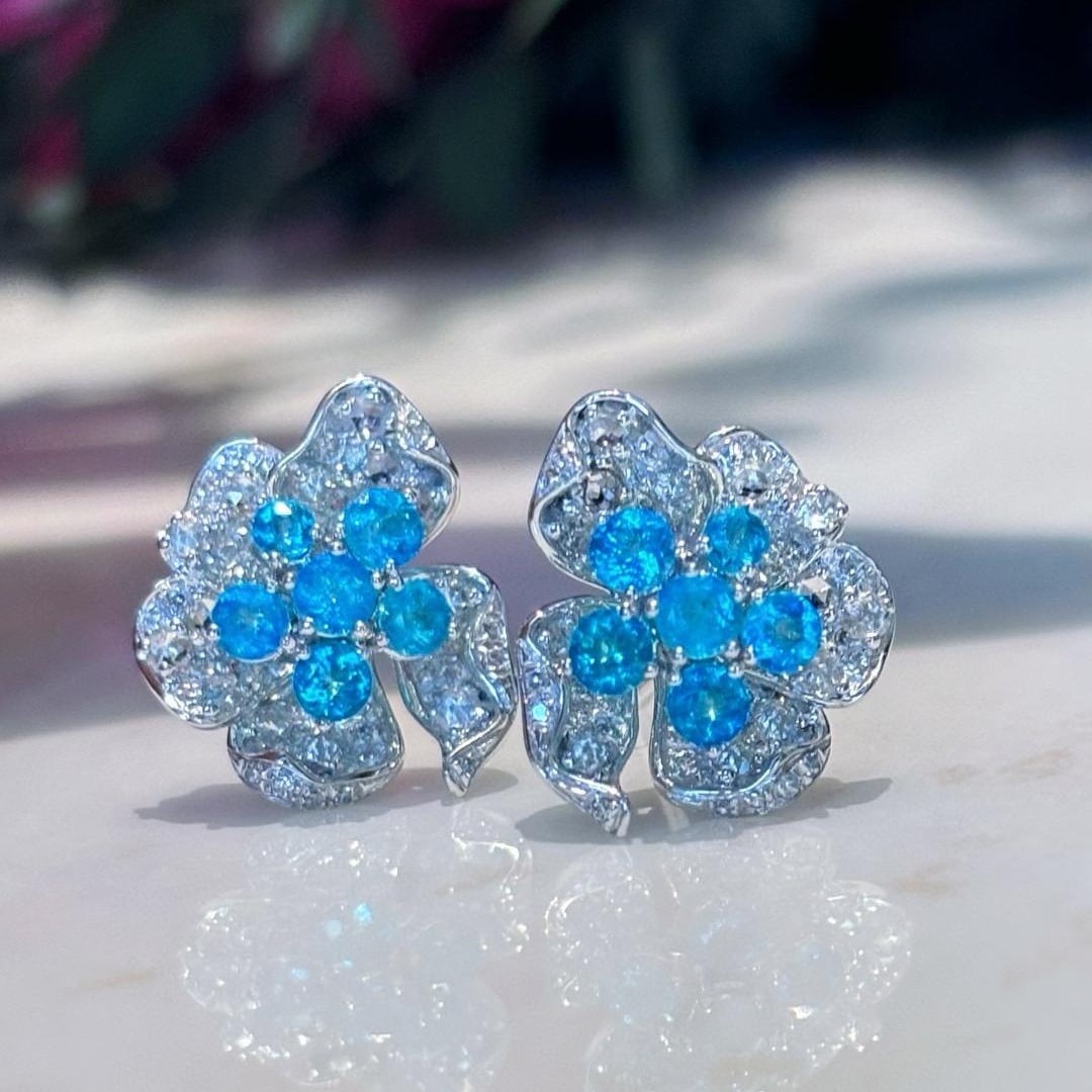 14k Gold 1 Ct Natural Paraiba Tourmaline & Diamond Earrings - 2