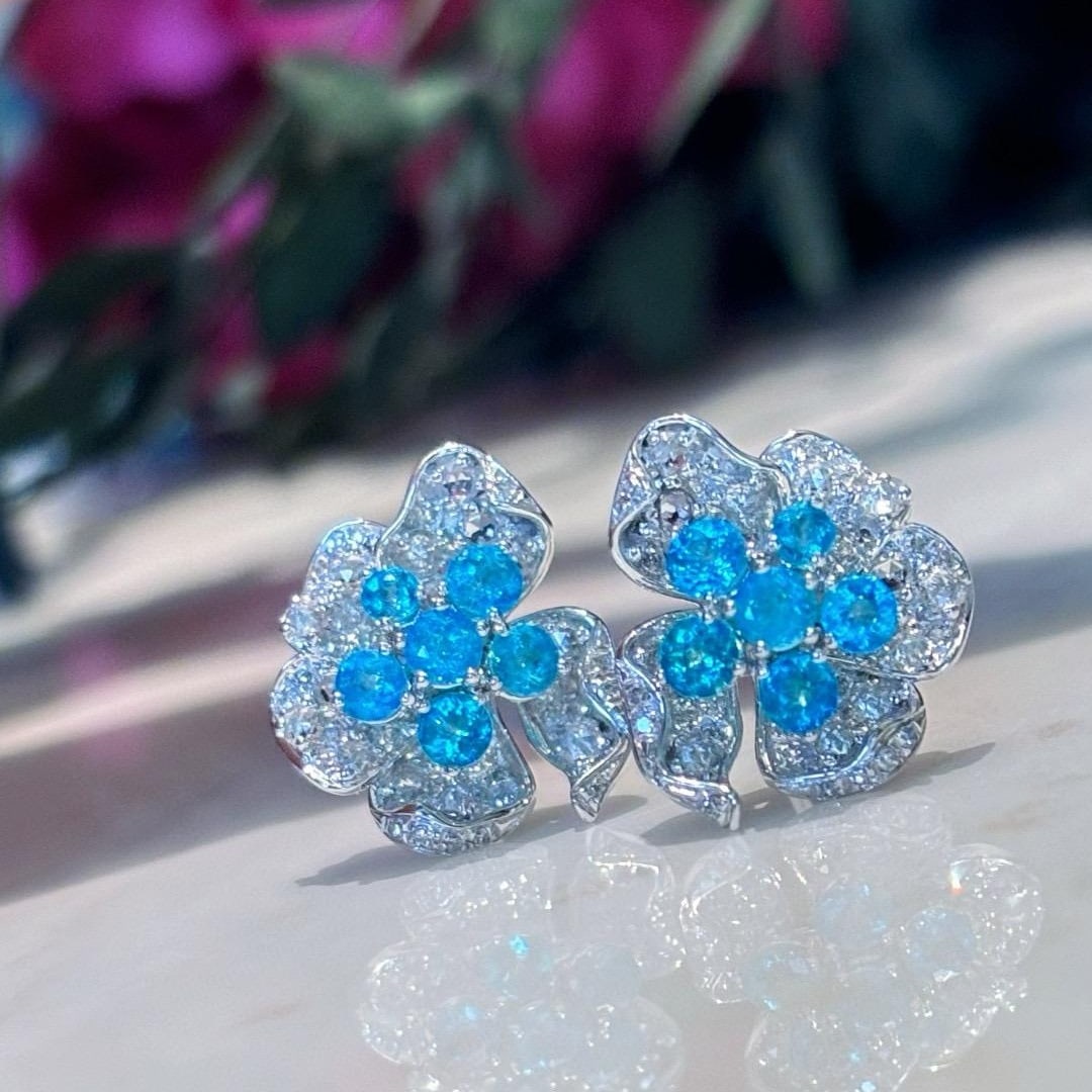 14k Gold 1 Ct Natural Paraiba Tourmaline & Diamond Earrings - 3