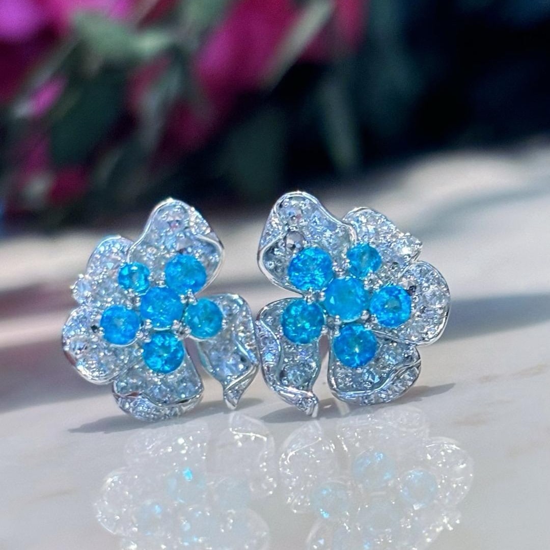 14k Gold 1 Ct Natural Paraiba Tourmaline & Diamond Earrings - 4