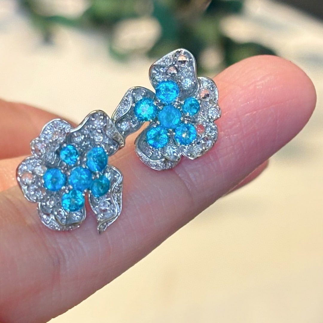 14k Gold 1 Ct Natural Paraiba Tourmaline & Diamond Earrings - 6