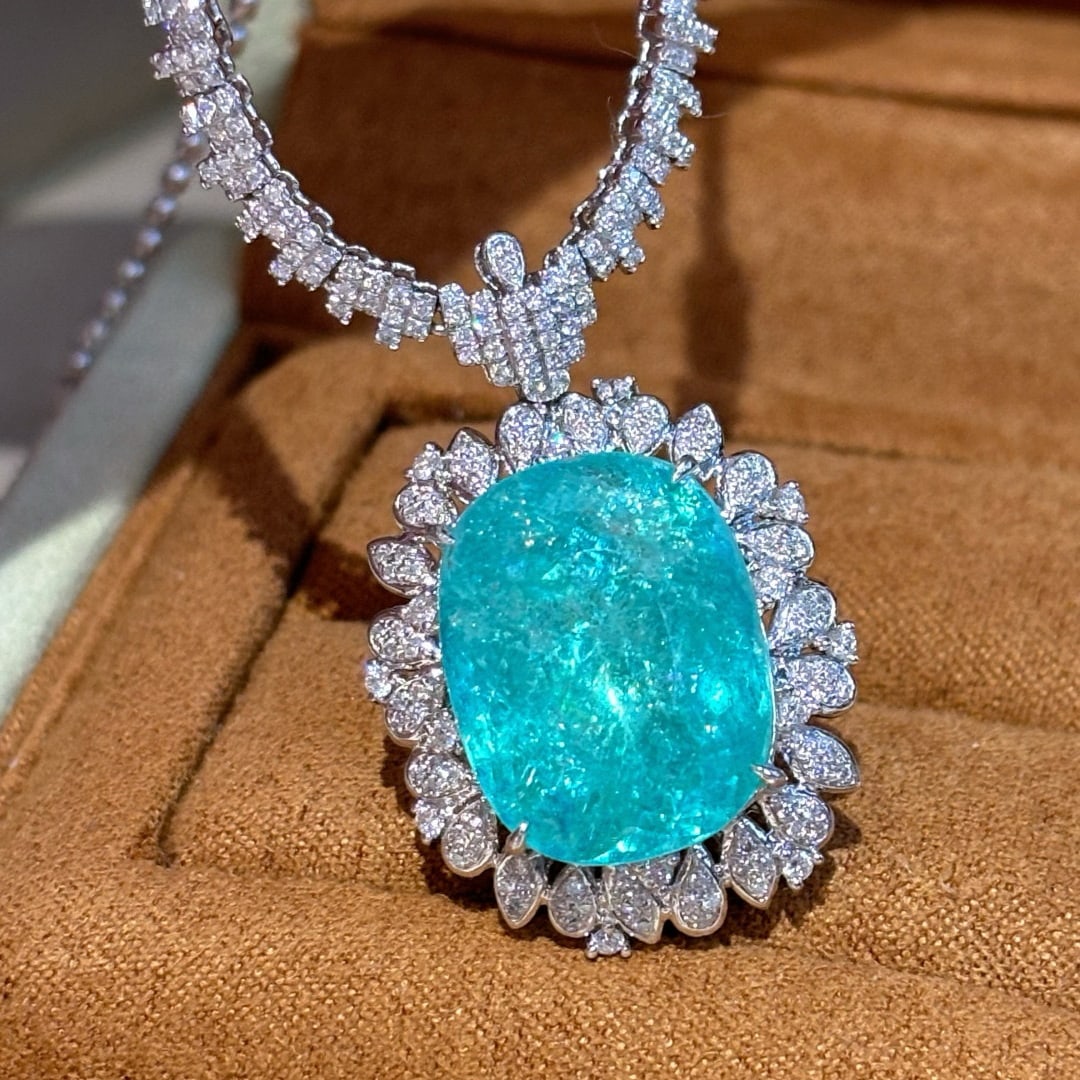 14k Gold 15 Ct Natural Paraiba Tourmaline & Diamond Necklace - 3