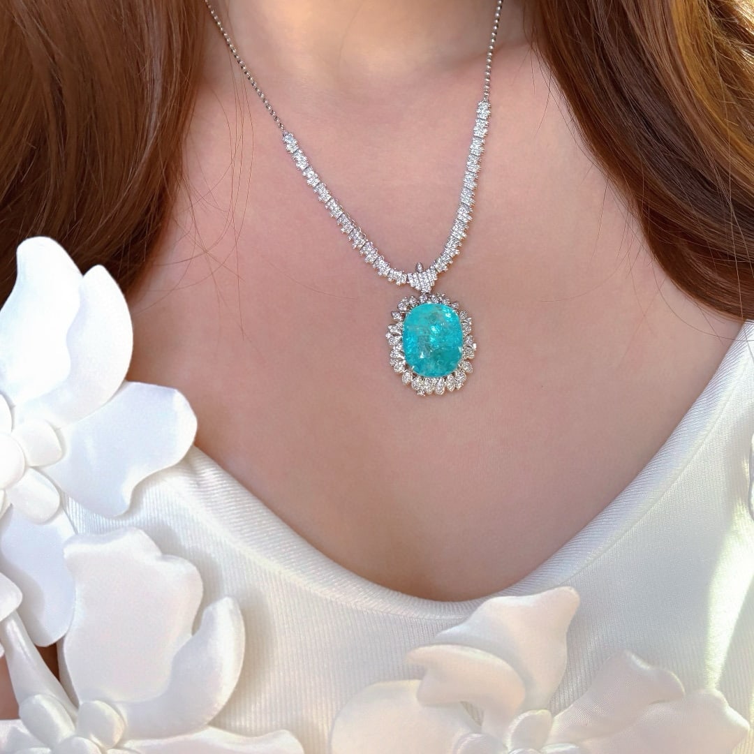 14k Gold 15 Ct Natural Paraiba Tourmaline & Diamond Necklace - 4