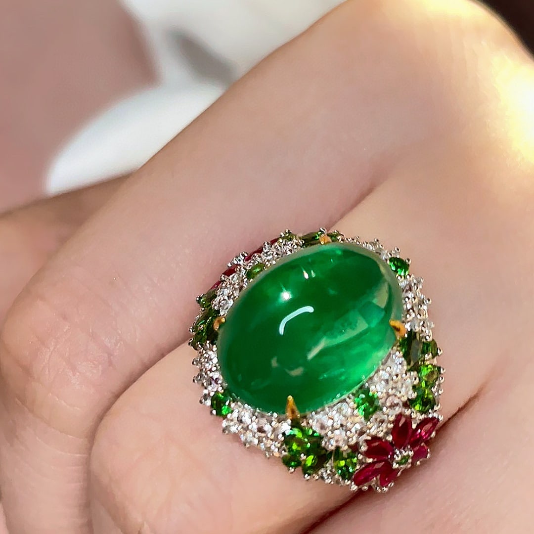 14k Gold 11 Ct Natural Emerald & Diamond & Tsavorite & Ruby Ring - 2