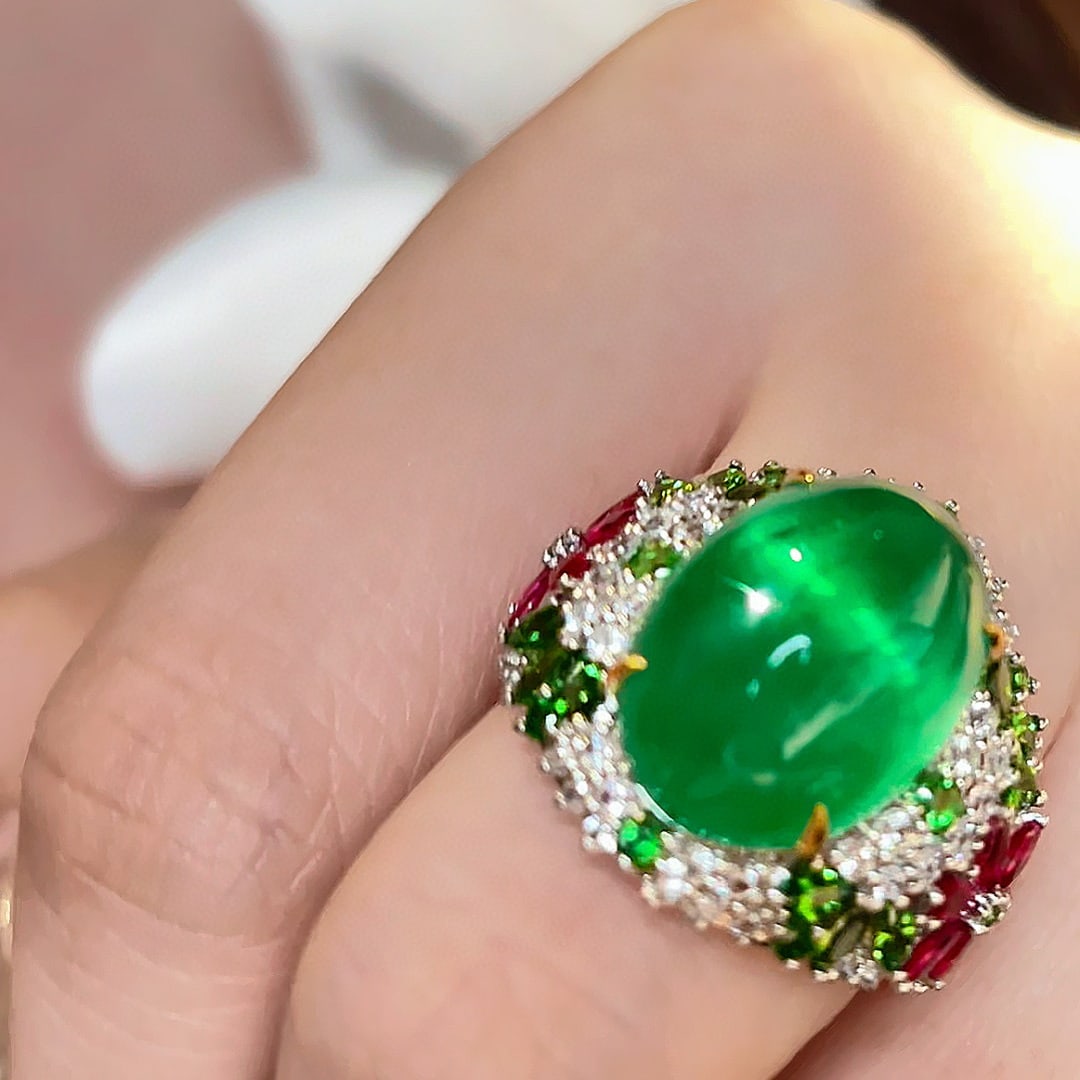 14k Gold 11 Ct Natural Emerald & Diamond & Tsavorite & Ruby Ring - 3