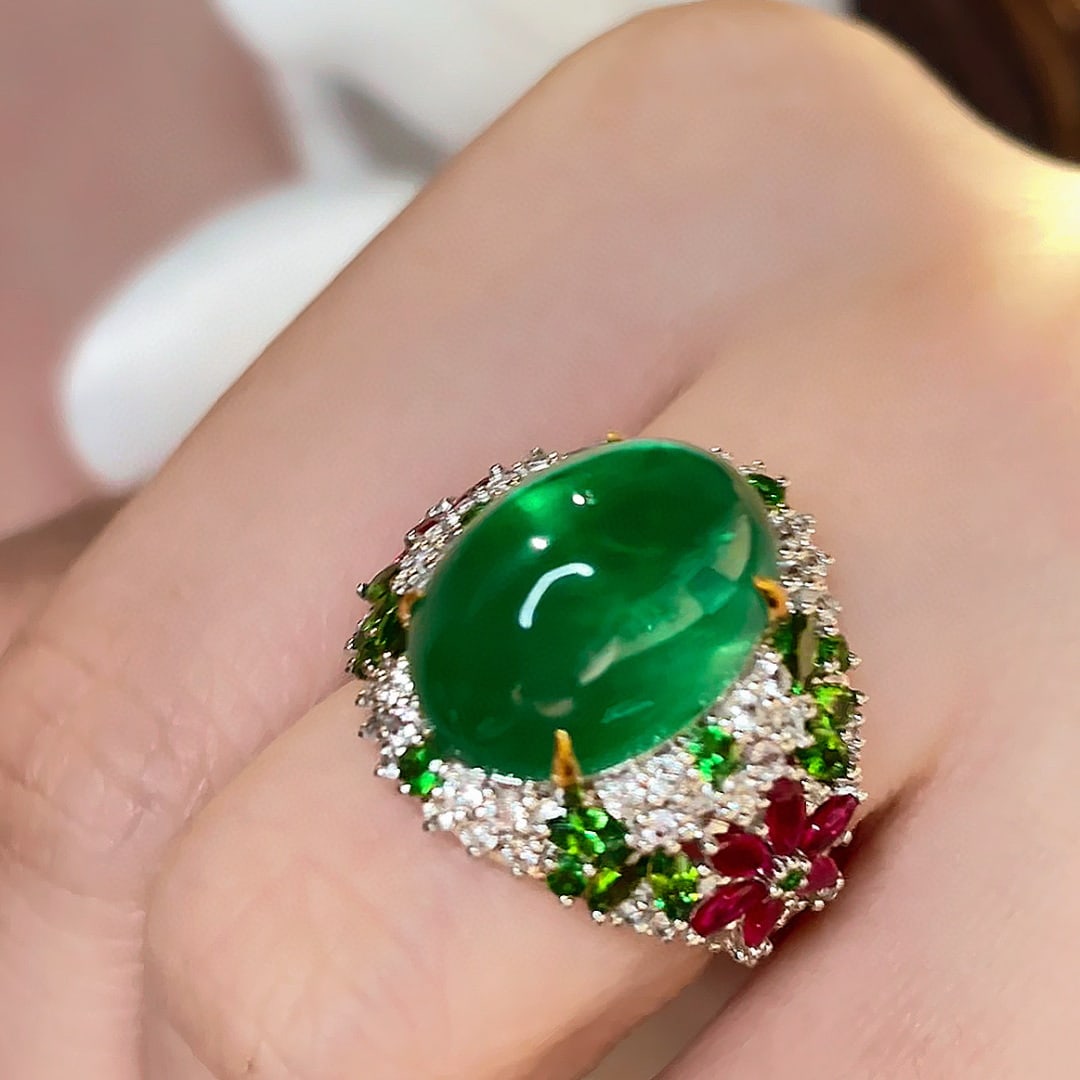 14k Gold 11 Ct Natural Emerald & Diamond & Tsavorite & Ruby Ring - 4