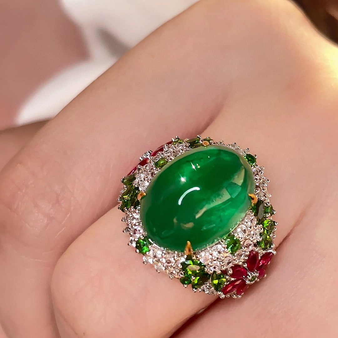 14k Gold 11 Ct Natural Emerald & Diamond & Tsavorite & Ruby Ring - 5