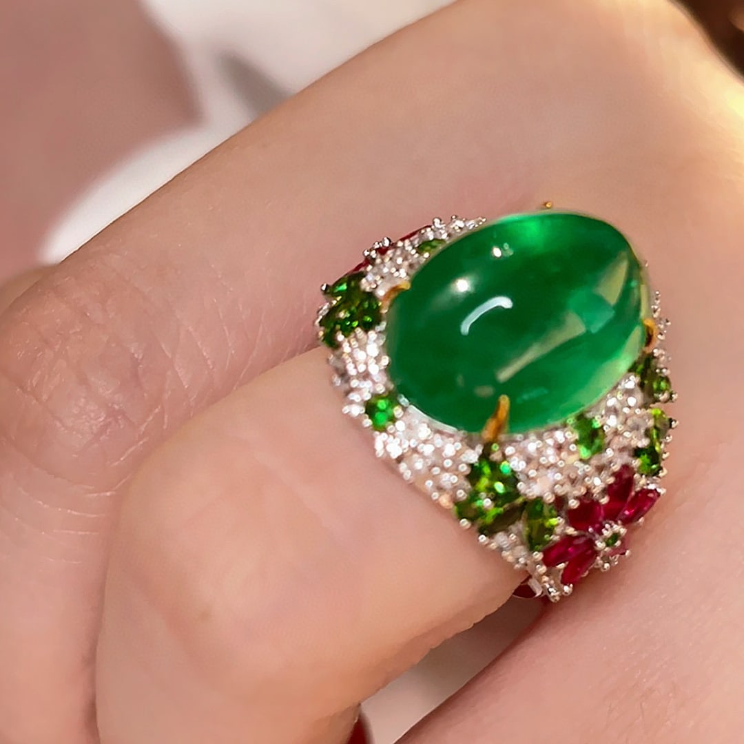 14k Gold 11 Ct Natural Emerald & Diamond & Tsavorite & Ruby Ring - 6