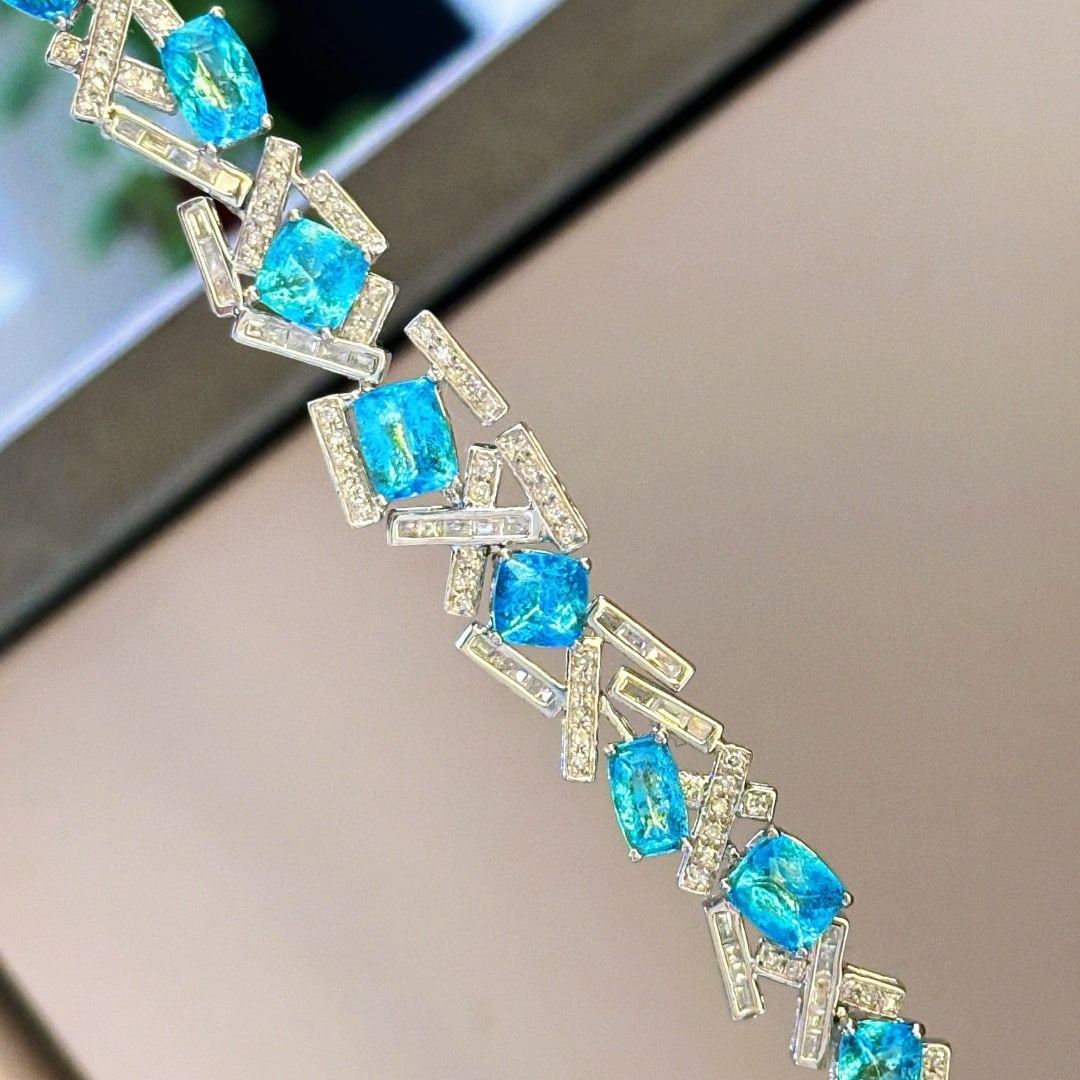 14k Gold 5.03 Ct Natural Paraiba Tourmaline & Diamond Bracelet - 2
