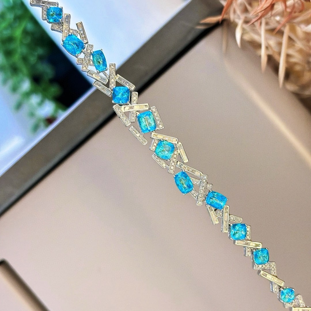 14k Gold 5.03 Ct Natural Paraiba Tourmaline & Diamond Bracelet - 4