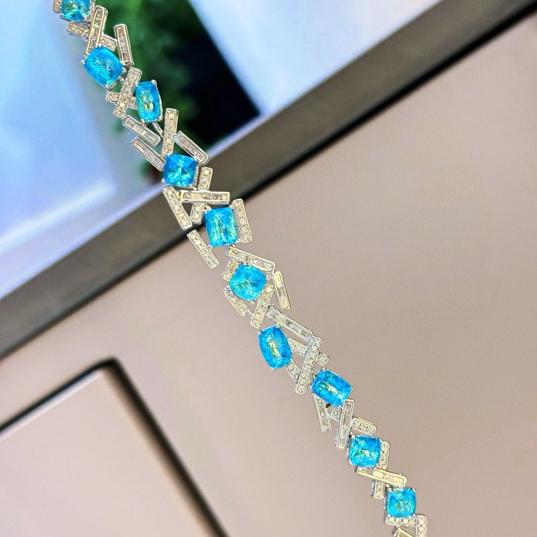 14k Gold 5.03 Ct Natural Paraiba Tourmaline & Diamond Bracelet - 5