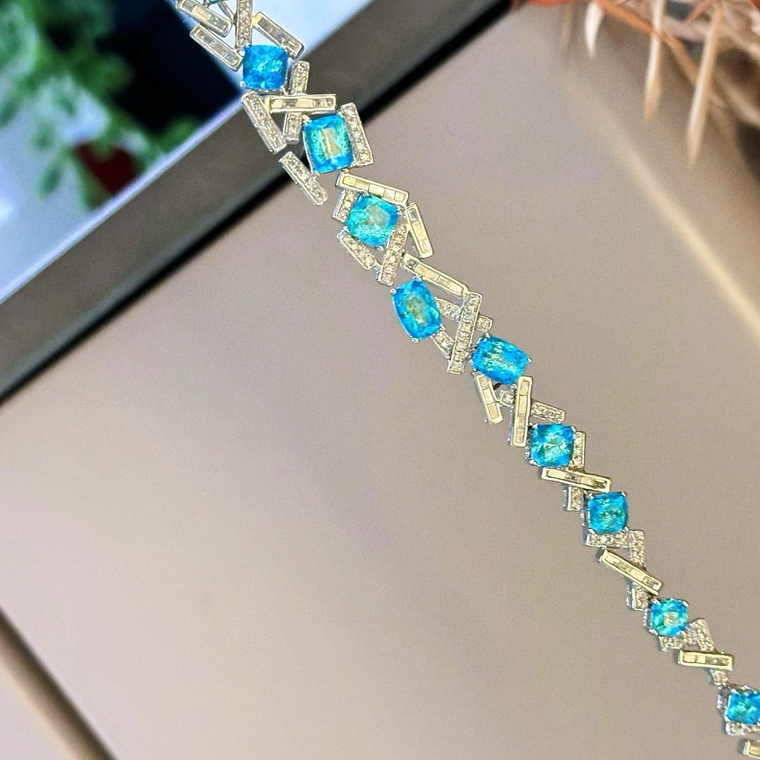 14k Gold 5.03 Ct Natural Paraiba Tourmaline & Diamond Bracelet - 6