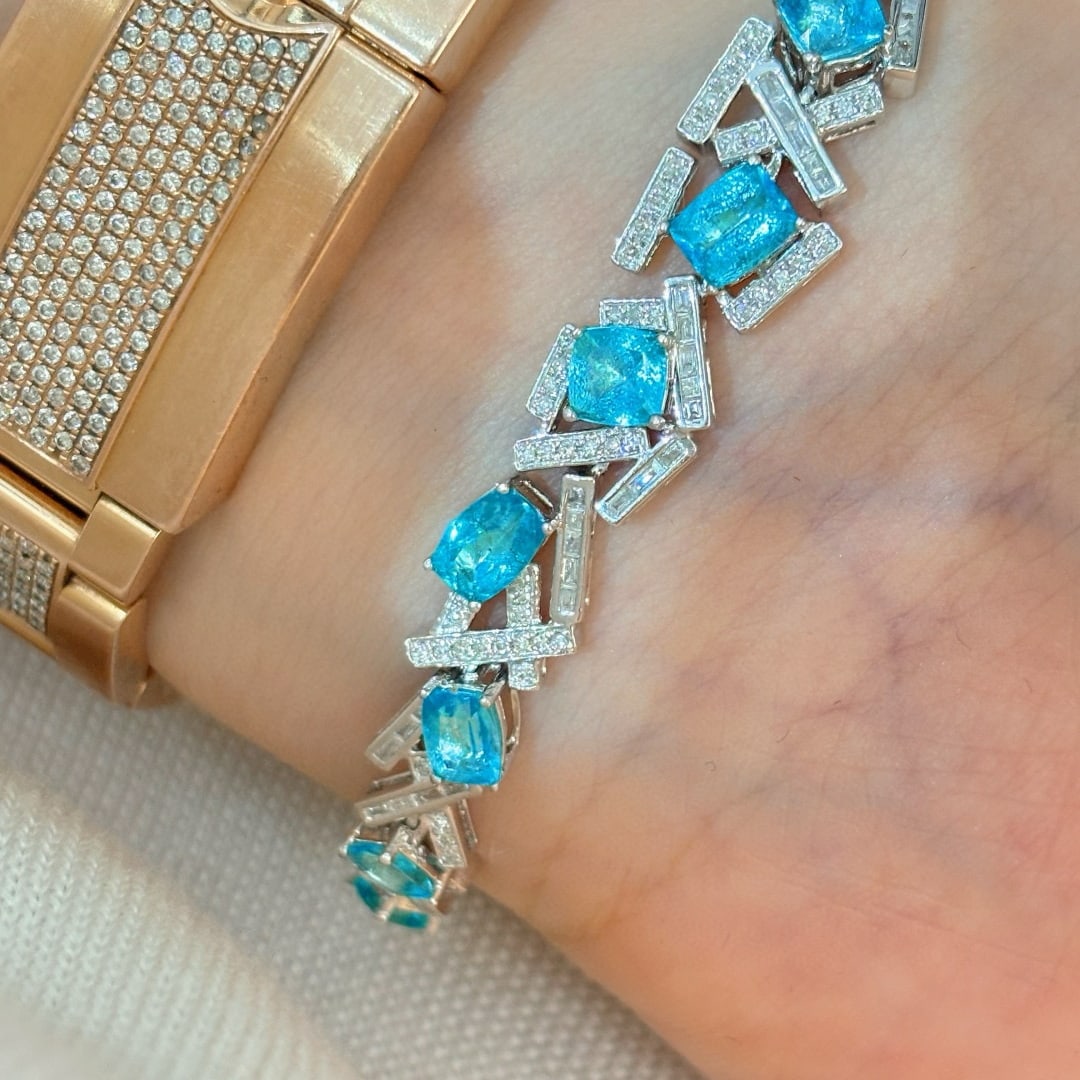 14k Gold 5.03 Ct Natural Paraiba Tourmaline & Diamond Bracelet - 7