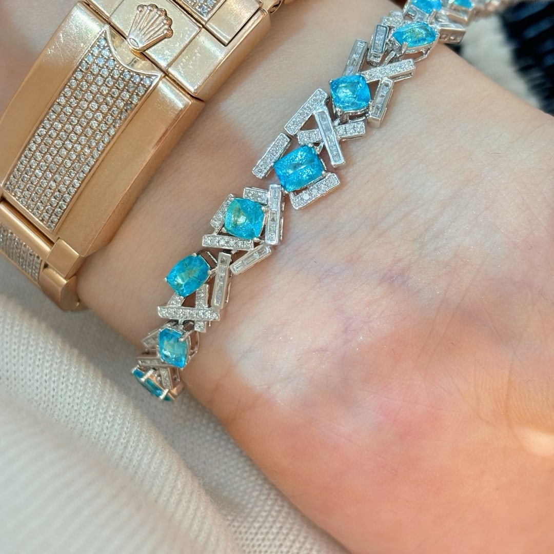 14k Gold 5.03 Ct Natural Paraiba Tourmaline & Diamond Bracelet - 8