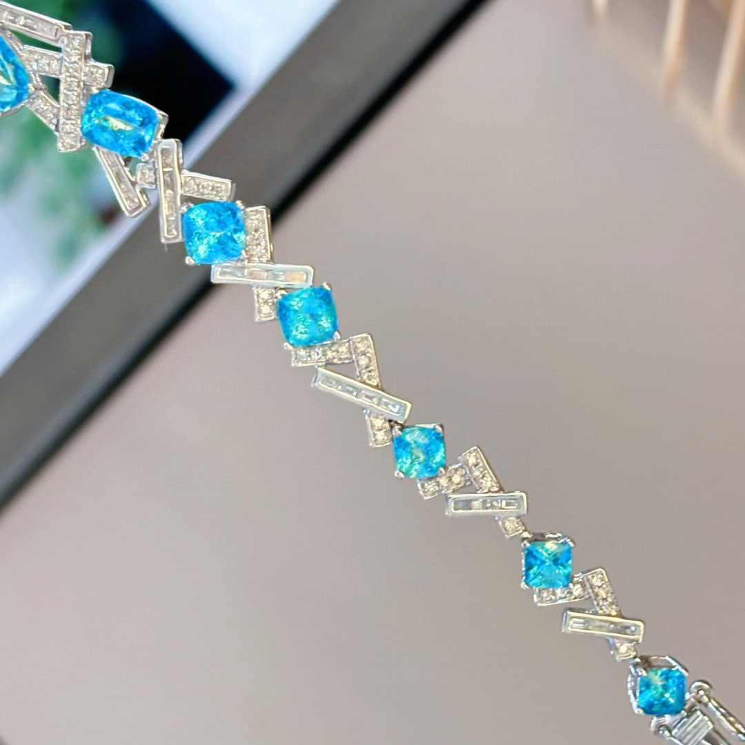 14k Gold 5.03 Ct Natural Paraiba Tourmaline & Diamond Bracelet - 9