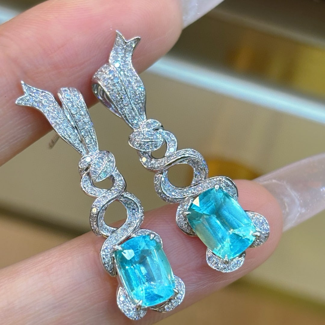 14k Gold 3.47 Ct Natural Paraiba Tourmaline & Diamond Earrings - 2