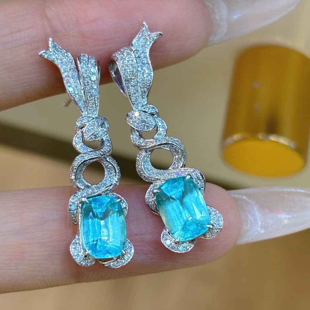 14k Gold 3.47 Ct Natural Paraiba Tourmaline & Diamond Earrings - 3