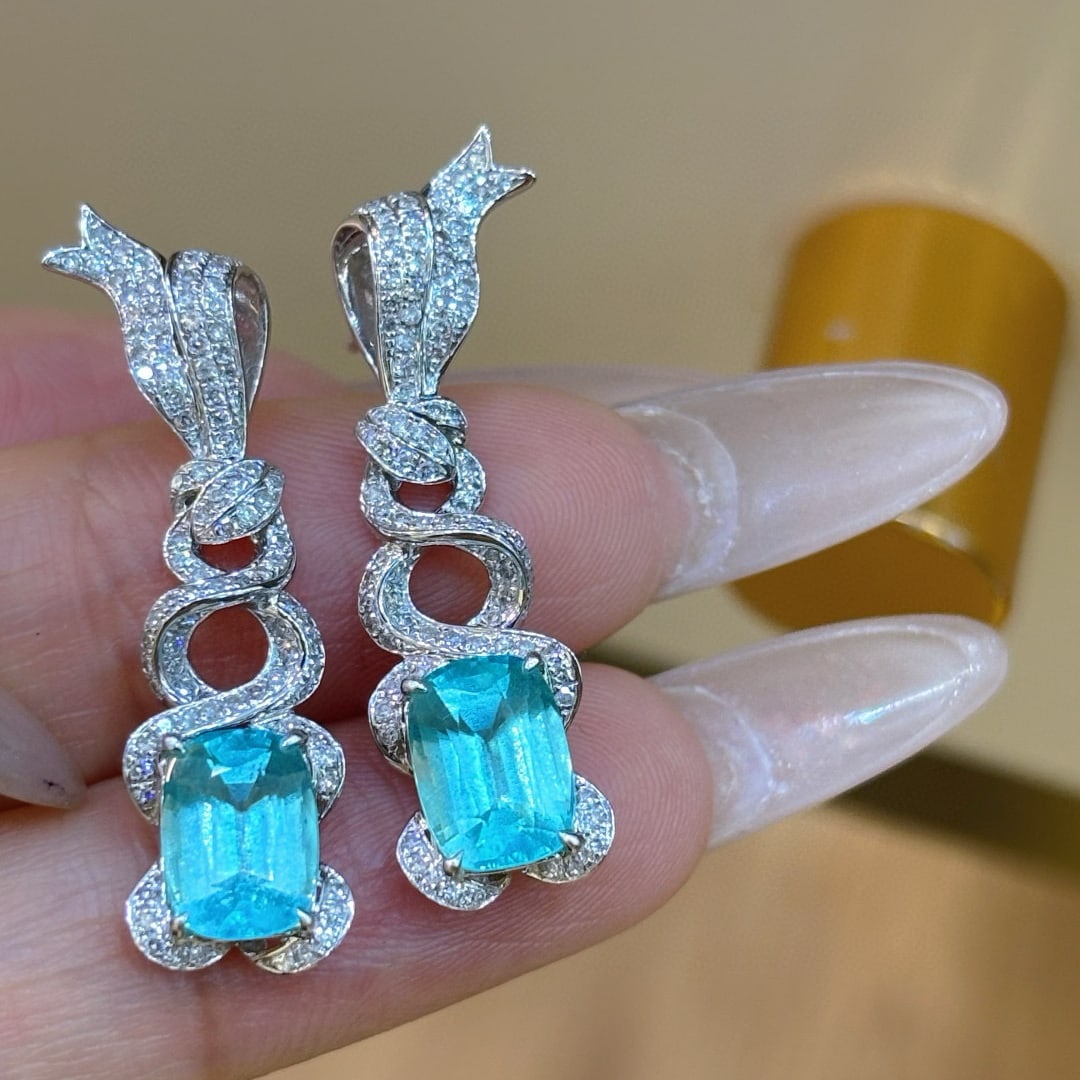 14k Gold 3.47 Ct Natural Paraiba Tourmaline & Diamond Earrings - 4