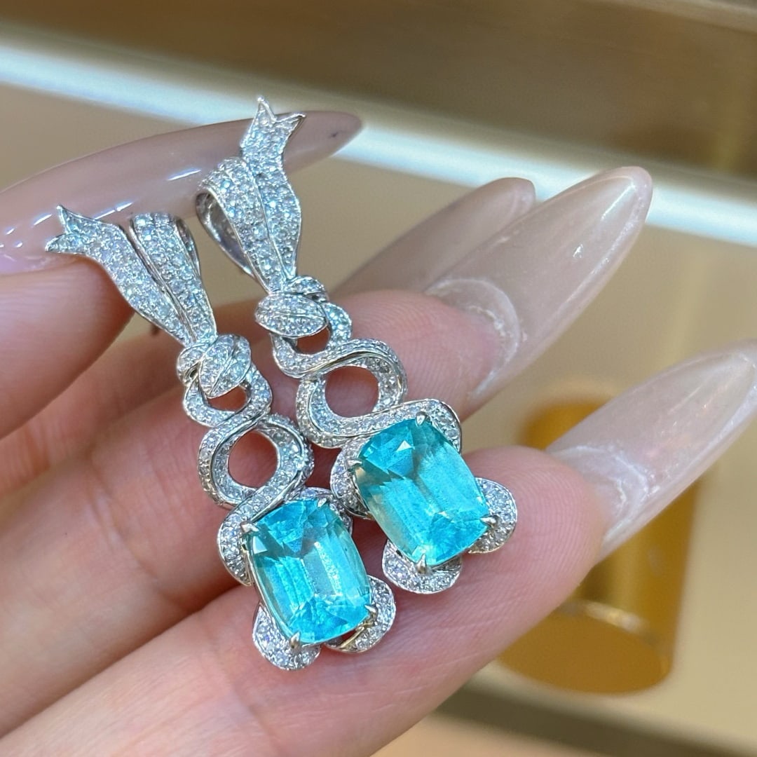 14k Gold 3.47 Ct Natural Paraiba Tourmaline & Diamond Earrings - 5