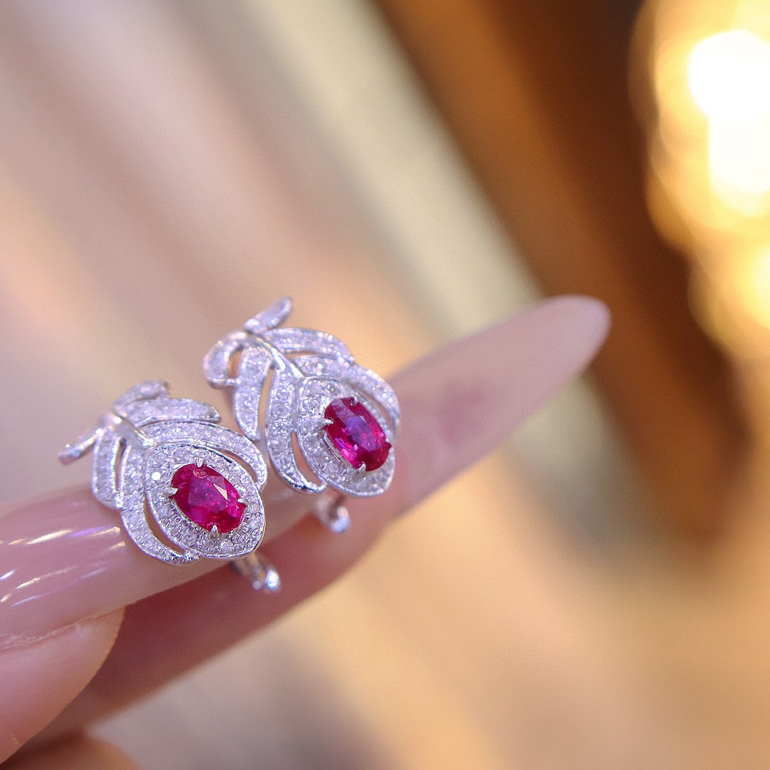 14k Gold 0.6 Ct Natural Ruby & Diamond Earrings - 2