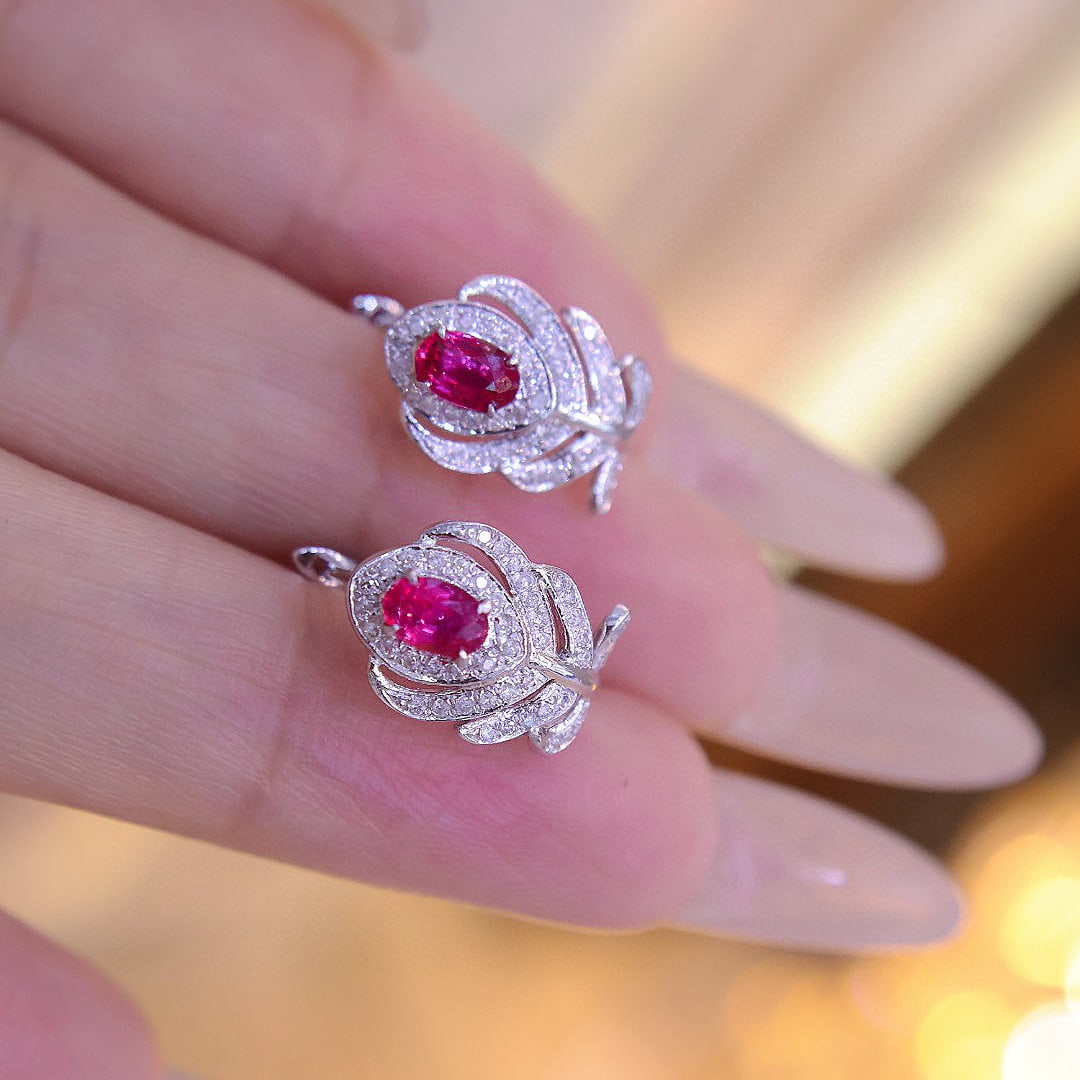 14k Gold 0.6 Ct Natural Ruby & Diamond Earrings - 4