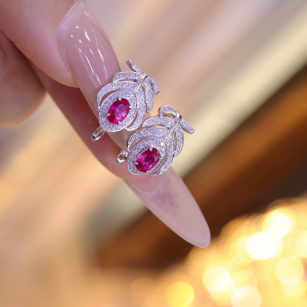 14k Gold 0.6 Ct Natural Ruby & Diamond Earrings - 7