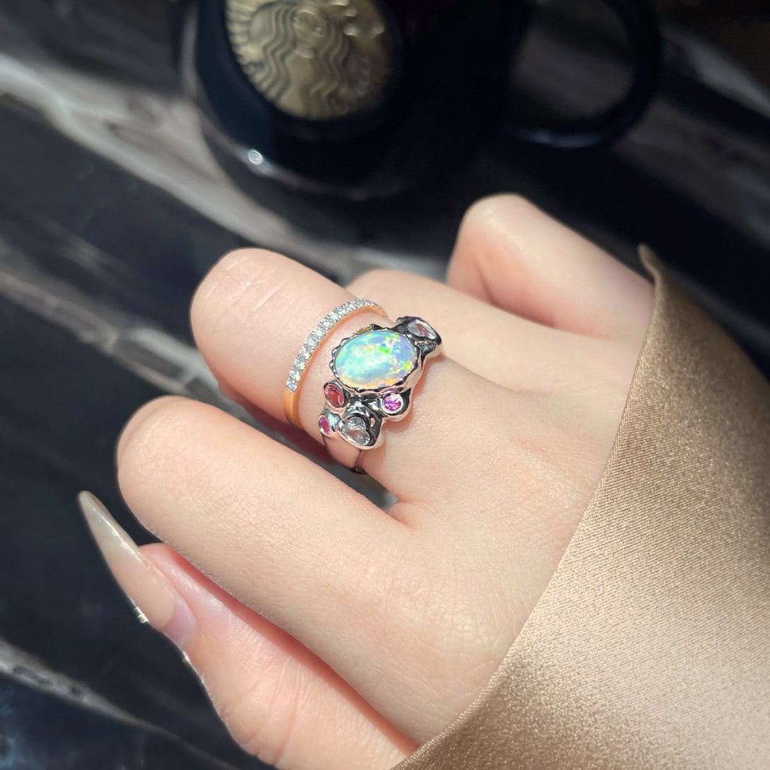 14k Gold 1 Ct Natural Opal & Sapphire Ring - 4