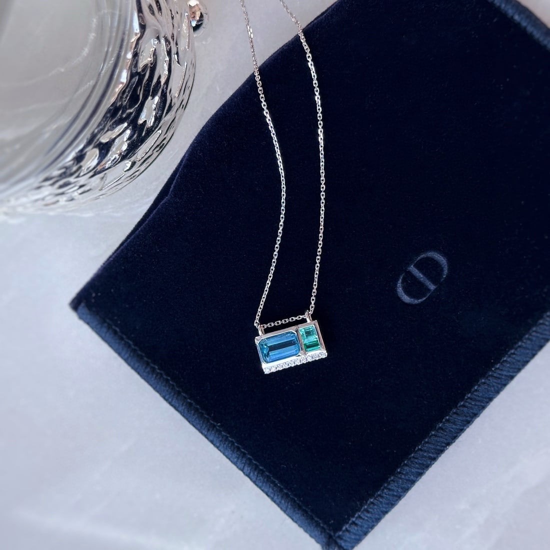 14k Gold 0.9 Ct Natural Aquamarine & Emerald & Diamond Necklace - 5