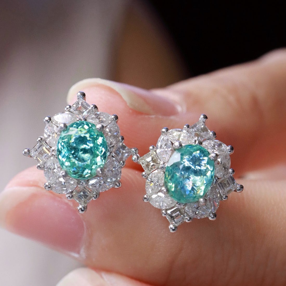 14k Gold 3.16 Ctw Natural Paraiba Tourmaline & Diamond Earrings - 7