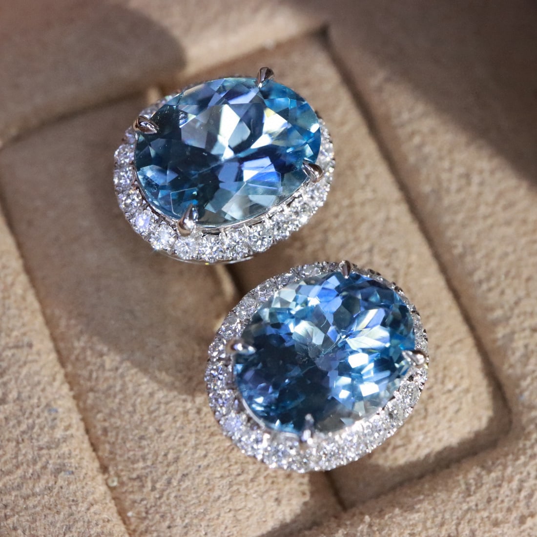 14k Gold 4.60 Ctw Vivid Blue Natural Aquamarine & Diamond Earrings - 2