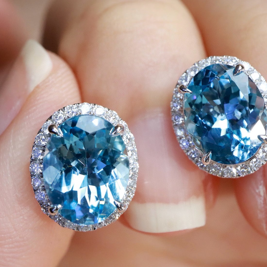 14k Gold 4.60 Ctw Vivid Blue Natural Aquamarine & Diamond Earrings - 5