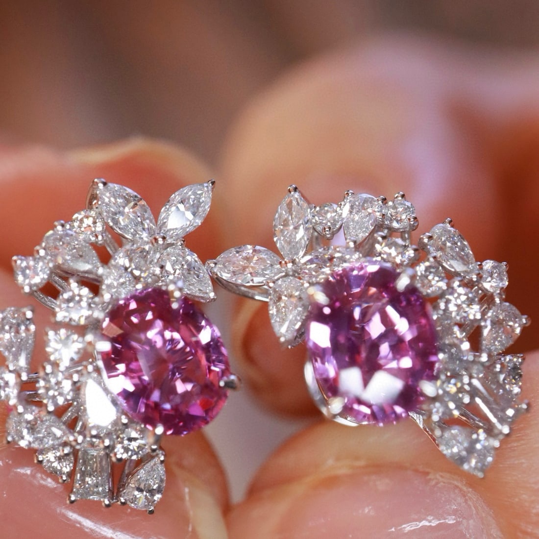 14k Gold 3.09 Ctw Natural Padparadscha Sapphire & Diamond Earrings - 3