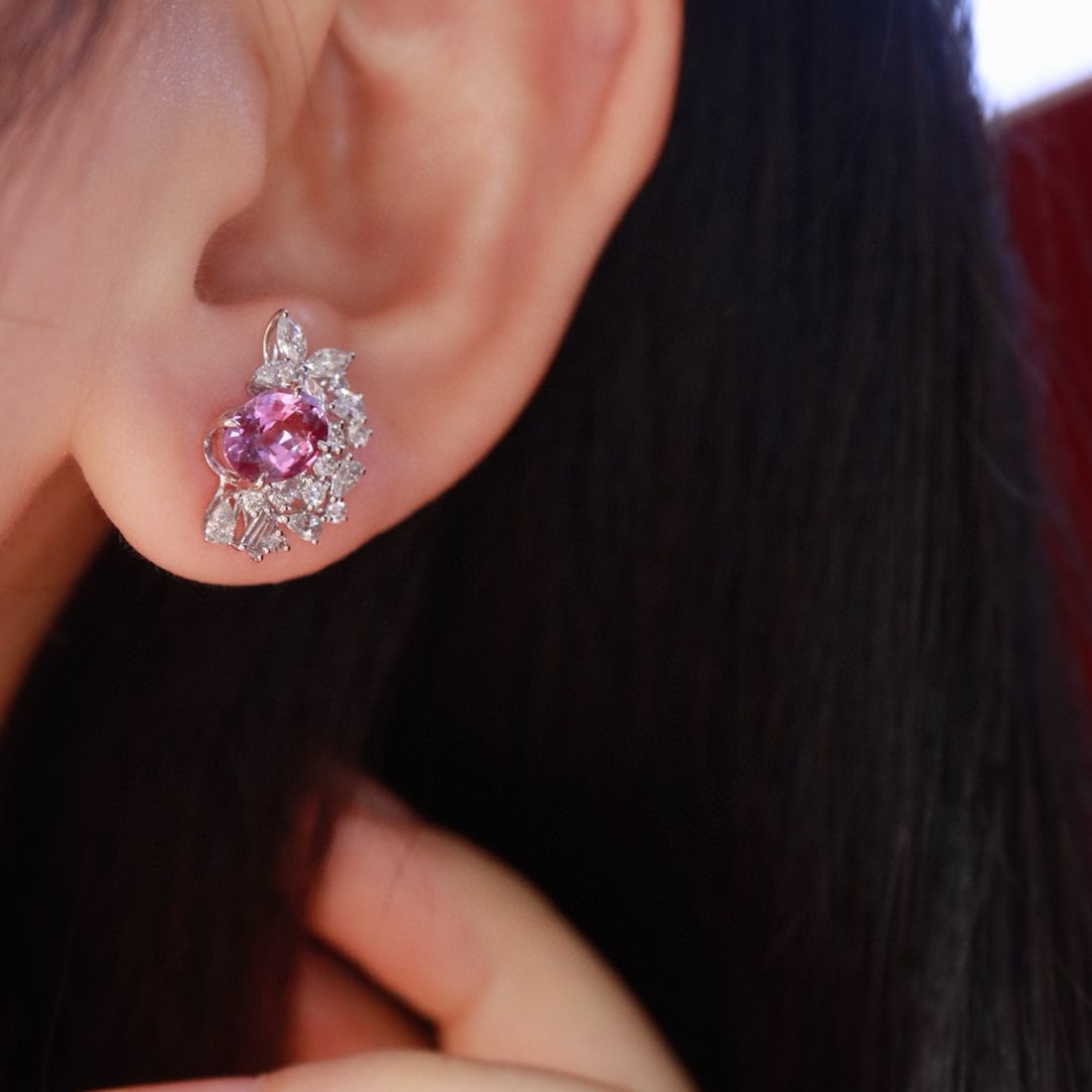 14k Gold 3.09 Ctw Natural Padparadscha Sapphire & Diamond Earrings - 4
