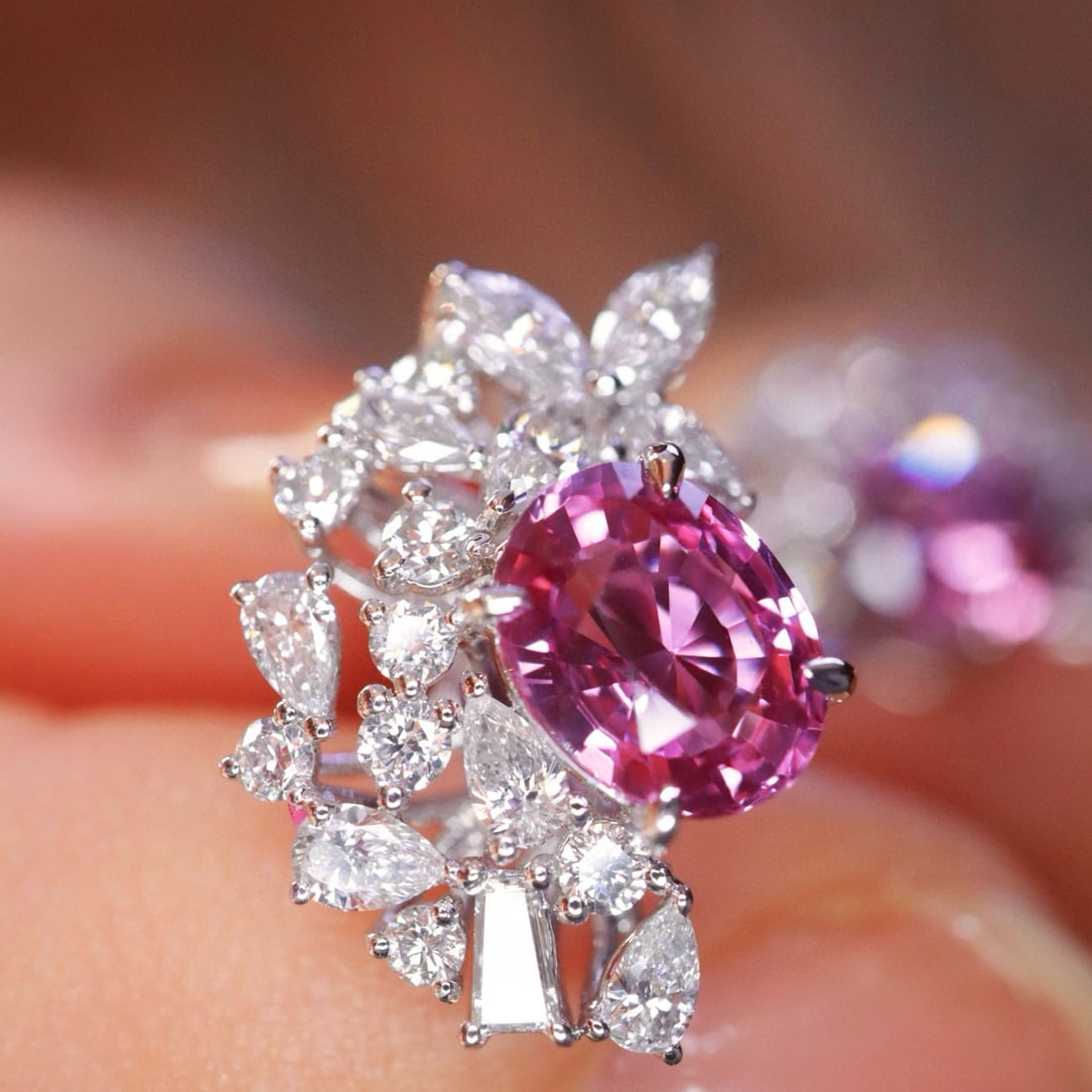 14k Gold 3.09 Ctw Natural Padparadscha Sapphire & Diamond Earrings - 7