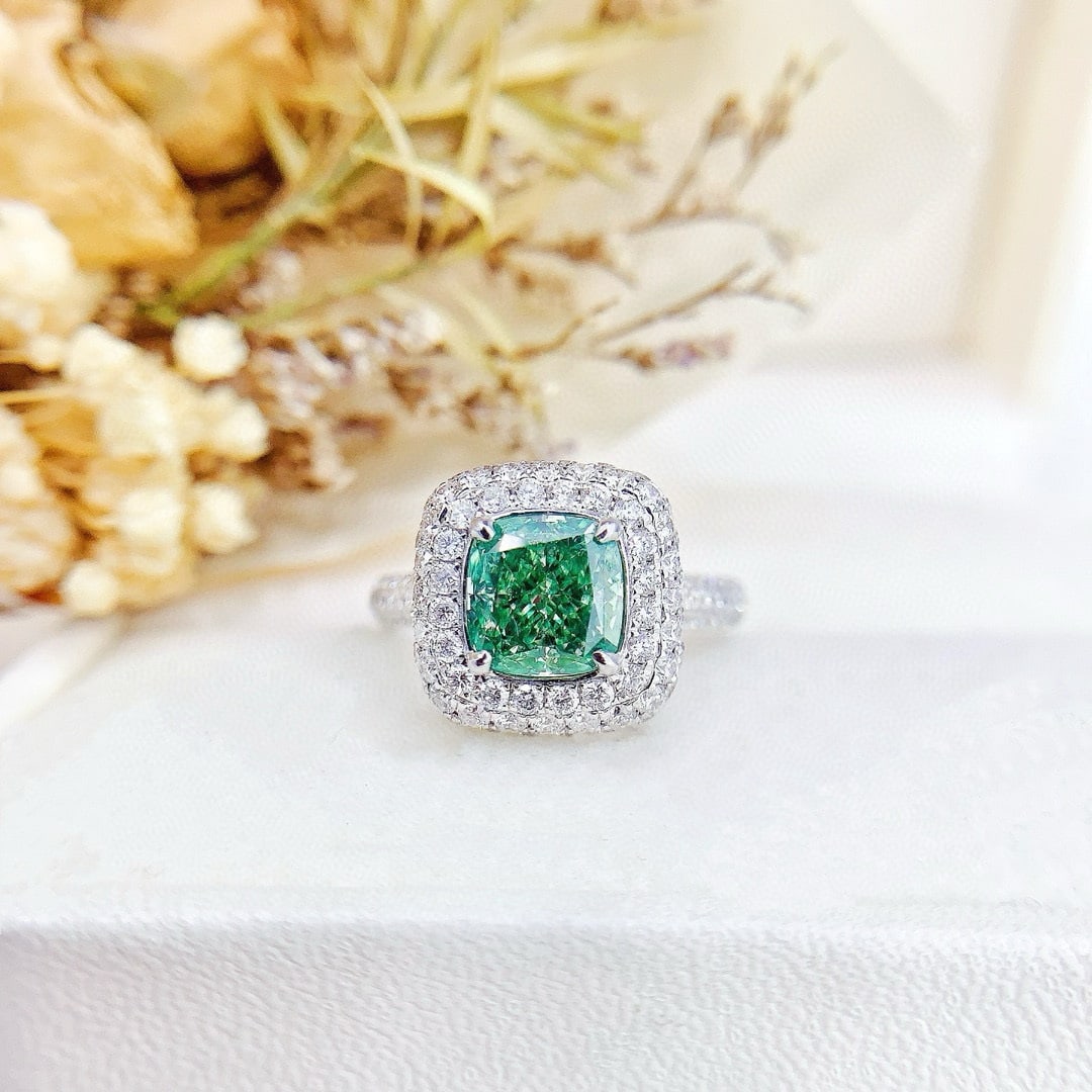 Gia Certified 14k Gold 3.02 Ctw Natural Green Diamond & Diamond Ring: Ref:231052259 // gold content:14k gold // ring size:7. 25us // // main gemstone:green diamond // certified:gia // shape:cushion // carat weight:1. 75ct // clarity grade:vs1 // color:green //