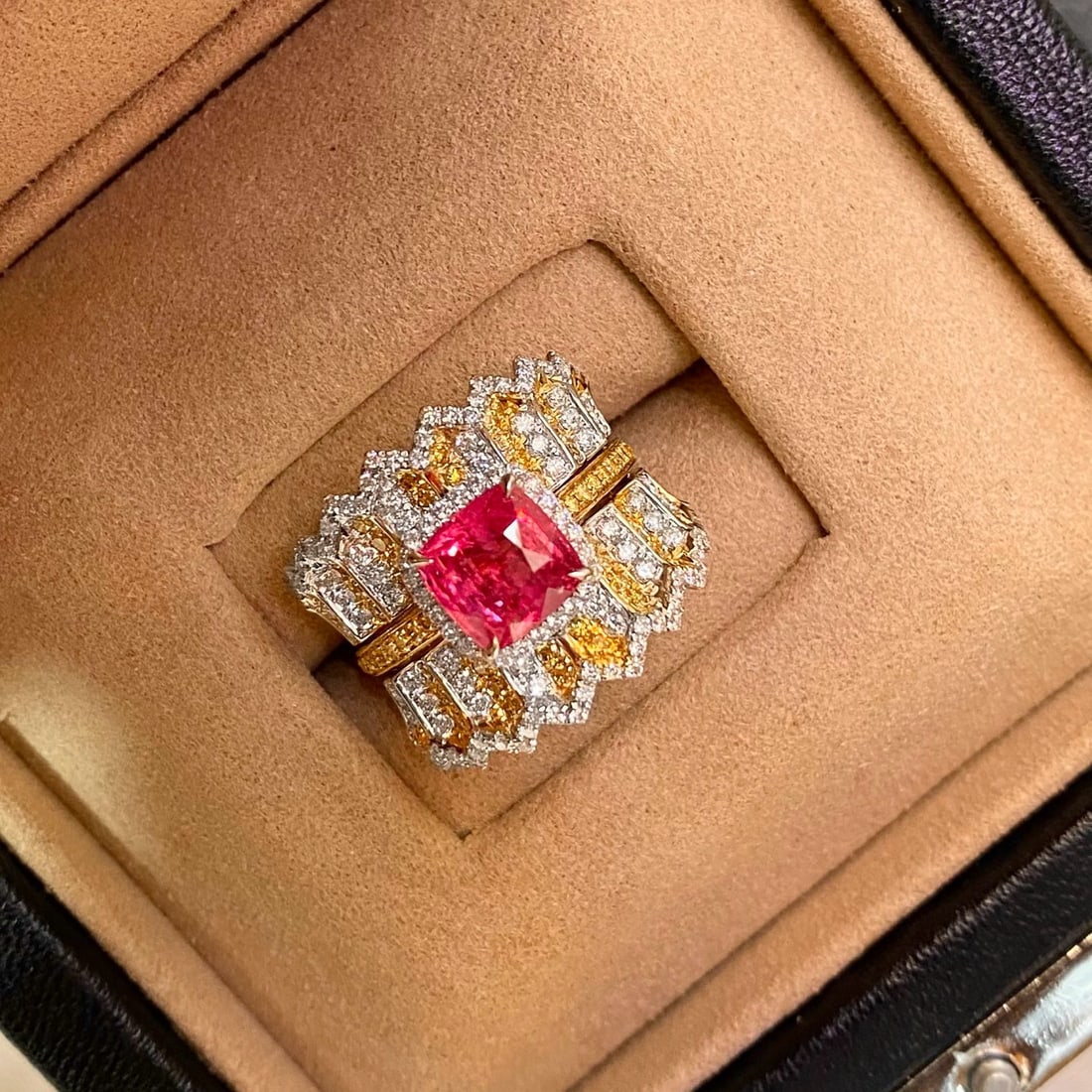 14k Gold 3.5 Ctw Natural Spinel & Diamond Ring: Ref:231052268 // gold content:14k gold // ring size:7. 25us // // main gemstone:spinel // shape:cushion // carat weight:2. 1ct // color:pink // treatment:natural // // adjacent gemstone 2 : diamond //