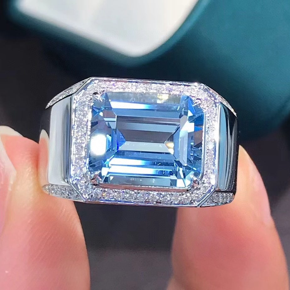 14k Gold 4.45 Ctw Natural Aquamarine & Diamond & Men¡¯s Ring: Ref:231052277 // gold content:14k gold // ring size:8us // // main gemstone:aquamarine // shape:octagonal // carat weight:4. 15ct // color:blue // treatment:natural // // adjacent gemstone 2 :