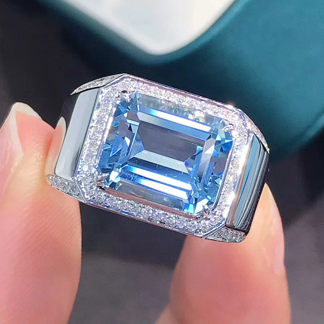 14k Gold 4.45 Ctw Natural Aquamarine & Diamond & Men¡¯s Ring - 4