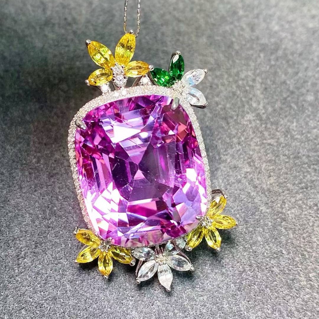14k Gold 34.86 Ctw Natural Kunzite & Diamond Pendant( Without Chain ) - 3