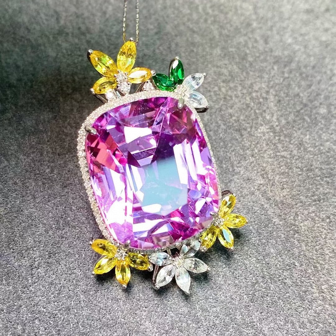 14k Gold 34.86 Ctw Natural Kunzite & Diamond Pendant( Without Chain ) - 4