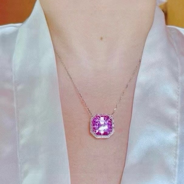 14k Gold 35.31 Ctw Natural Kunzite & Diamond Necklace - 9