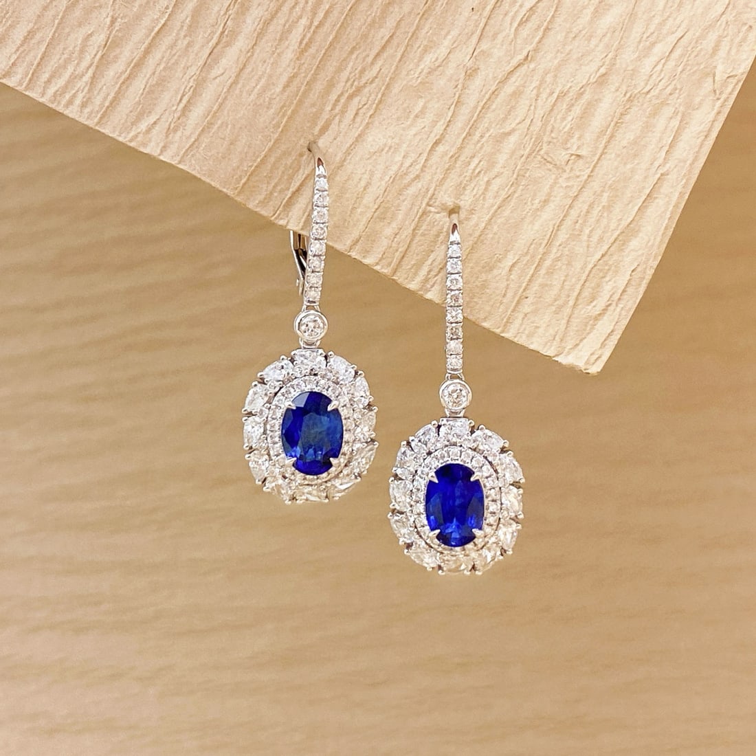 14k Gold 3.56 Ctw Natural Sapphire & Diamond Earrings: Ref:231052295 // gold content:14k gold // main gemstone:sapphire // shape:oval // carat weight:2. 17ct // color:royal blue // treatment:natural // // adjacent gemstone 2 : diamond // shape:multiply