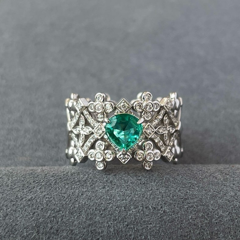14k Gold 0.54 Ct Natural Emerald & Diamond Ring - 2