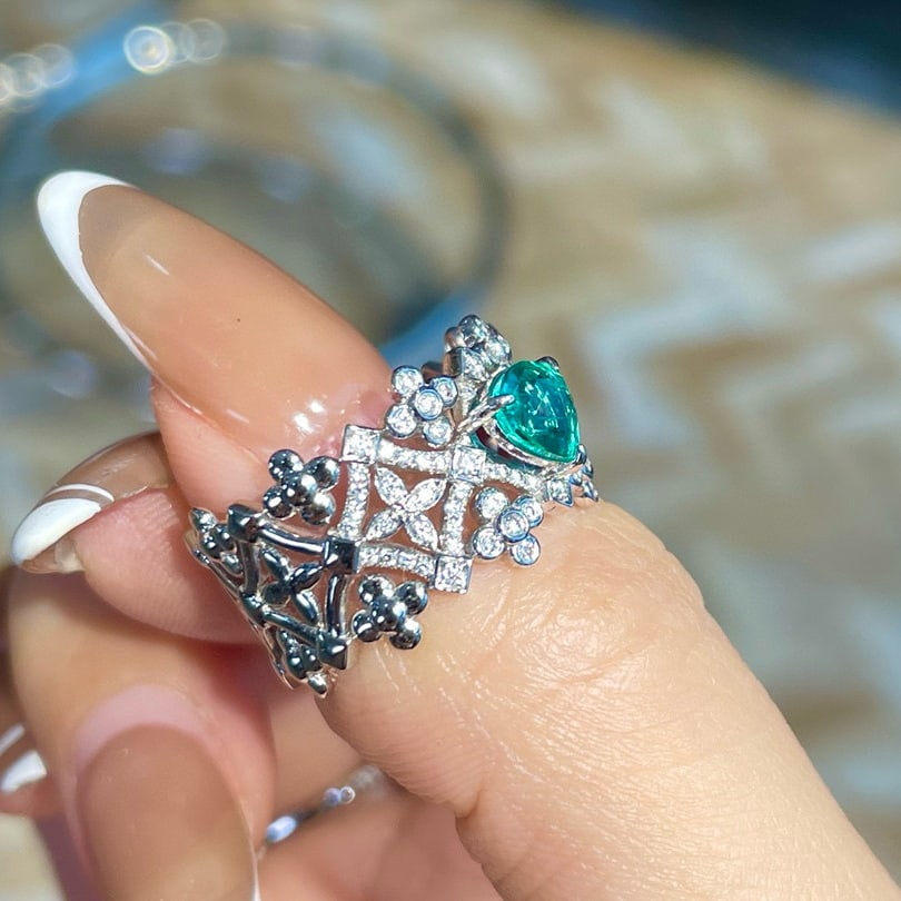 14k Gold 0.54 Ct Natural Emerald & Diamond Ring - 5