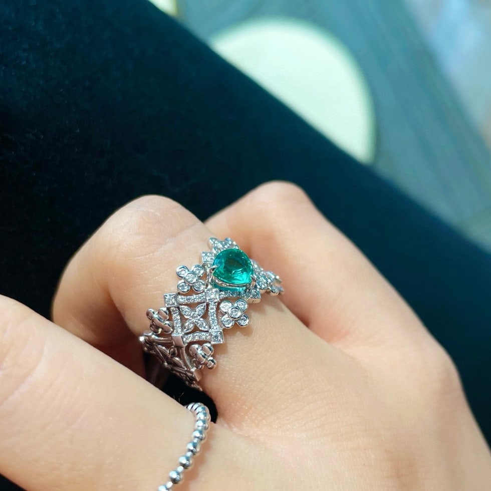 14k Gold 0.54 Ct Natural Emerald & Diamond Ring - 7