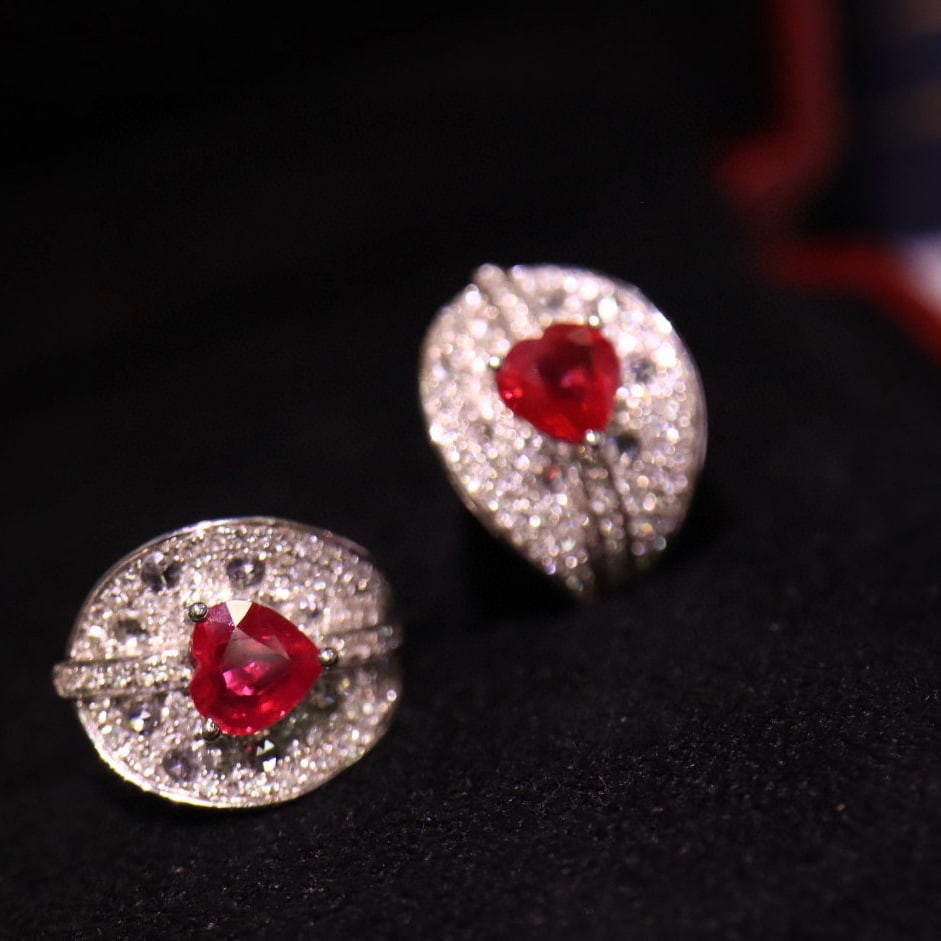 14k Gold 1.64 Ctw Vivid Red Natural Ruby & Diamond Earrings - 3
