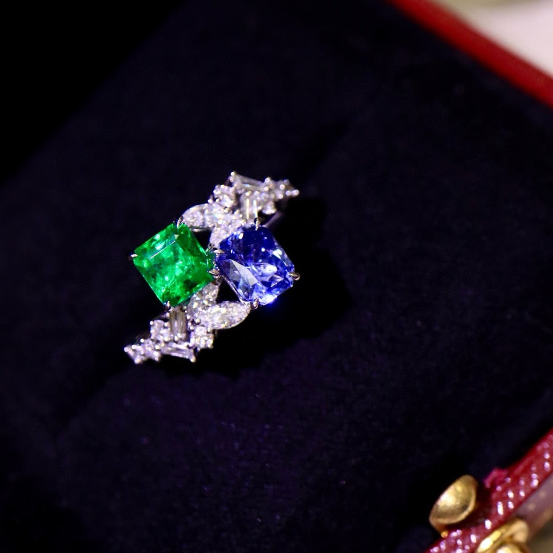14k Gold 1.69 Ctw Natural Sapphire & Emerald & Toi Et Moi Ring - 7